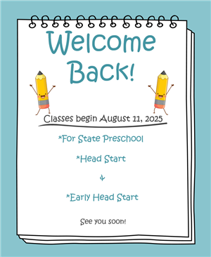 Welcome Back sign on notepad with 2 happy pencils